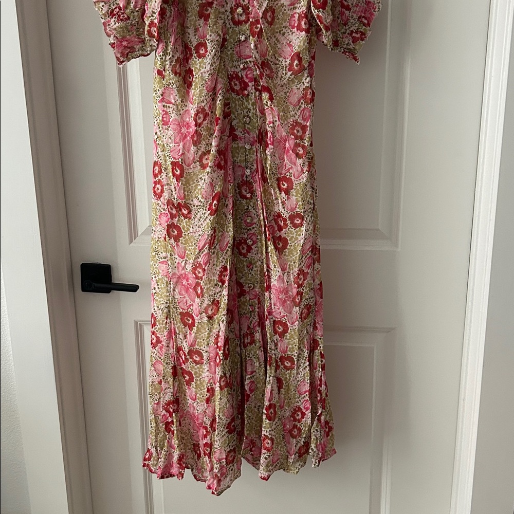 ANTHROPOLOGIE Pink Floral PUFF-SLEEVE RUCHED MESH MIDI SHIRT DRESS - Picture 9 of 11